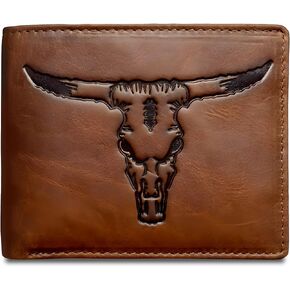 Texas Longhorn Bifold Wallet - Western Wallet for Men -Longhorn Cowboy Wallet - RFID Blocking & 9 Card Slots - Distressed Leather Cowboy Wallet for Men