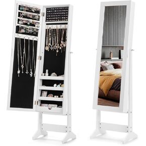 LOKO Freestanding Jewelry Armoire Cabinet, Jewelry Organizer with Full Length Mirror, Standing Makeup Mirror Cabinet w/ 3 Adjustable Angles & Large Storage Capacity, for Bedroom Dressing Room (Black)