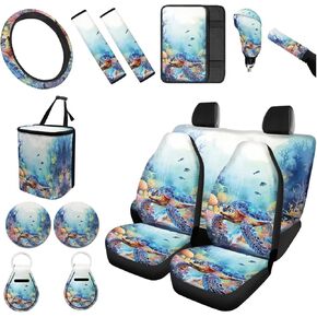 15Pcs Sunflower Leopard Car Seat Cover Full Set with Steering Wheel Cover Armrest Shoulder Pads Handbrake Gear Cover Garbage Can,Universal Soft Auto Interior Accessories Protector for Women