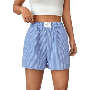 Floerns Women's Striped Print Letter Patched Elastic Waist Straight Wide Leg Casual Shorts