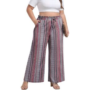 OLRIK Women's Plus Size Pants Self-Tie Belted High Waisted Wide Leg Pants Long Straight Palazzo Trousers with Pockets
