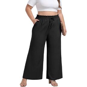 OLRIK Women's Plus Size Pants Self-Tie Belted High Waisted Wide Leg Pants Long Straight Palazzo Trousers with Pockets