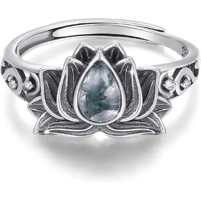 Lotus Moss Agate Rings 925 Sterling Silver Moss Agate Ring Lotus Ring for Women Girls PLotus Jewelry Gifts Birthday Christmas Gift