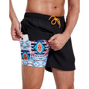 Mens Swim Trunks with Compression Liner 5" Stretch Beach Shorts 2 in 1 Quick Dry with Zipper Pockets Board Shorts