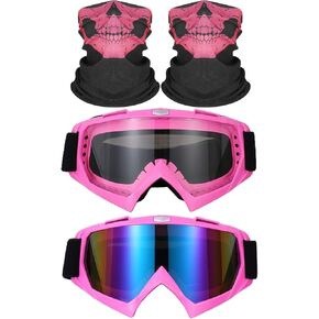 4PCS Motorcycle Set, 2 Dirt Bike Ski Goggles UV Protection Dustproof Windproof Safety Glasses with 2 Skull Face Mask