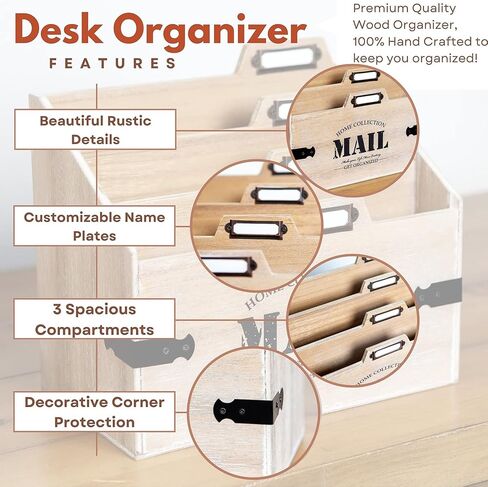 25DOL Mail Organizer XXL Desktop Mail Holder - Wooden Desk Organizer, File Holder and Mail Sorter - 7 x 10.8 Inch Letter Sorter - Rustic Desk Organizers and Accessories, File Folder in Saudi Arabia