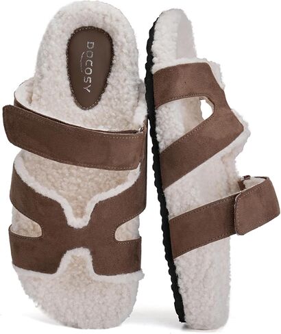 Womens Fuzzy H-Band Slippers Faux Shearling Open Toe Slide Sandal Adjustable House Shoes Wide Width in Saudi Arabia