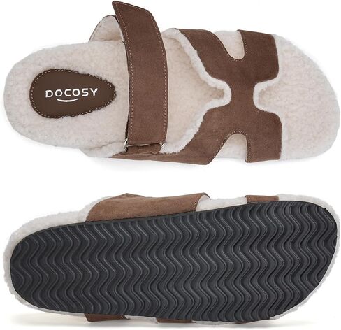 Womens Fuzzy H-Band Slippers Faux Shearling Open Toe Slide Sandal Adjustable House Shoes Wide Width in Saudi Arabia