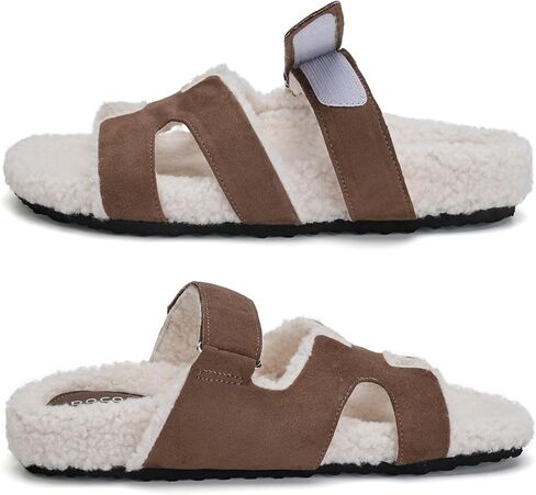 Womens Fuzzy H-Band Slippers Faux Shearling Open Toe Slide Sandal Adjustable House Shoes Wide Width in Saudi Arabia