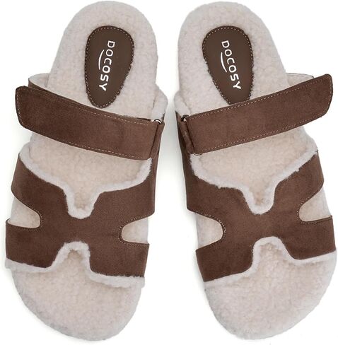Womens Fuzzy H-Band Slippers Faux Shearling Open Toe Slide Sandal Adjustable House Shoes Wide Width in Saudi Arabia
