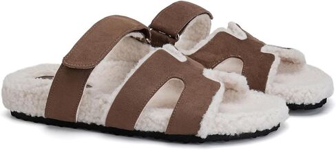 Womens Fuzzy H-Band Slippers Faux Shearling Open Toe Slide Sandal Adjustable House Shoes Wide Width in Saudi Arabia