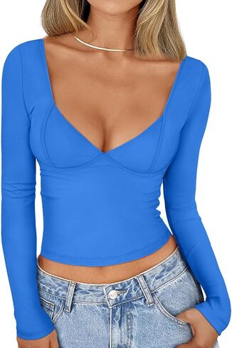 Trendy Queen Womens Long Sleeve Deep V-Neck Crop Tops Basic Y2K Going Out Tops Fall Outfits 2024 Fashion Clothes in Saudi Arabia