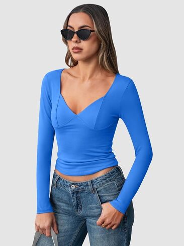 Trendy Queen Womens Long Sleeve Deep V-Neck Crop Tops Basic Y2K Going Out Tops Fall Outfits 2024 Fashion Clothes in Saudi Arabia