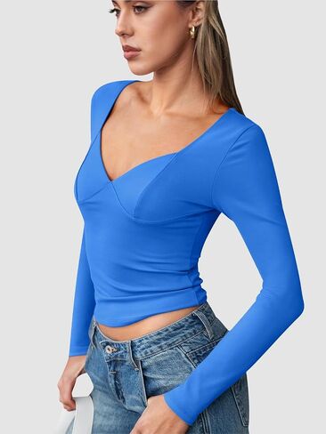 Trendy Queen Womens Long Sleeve Deep V-Neck Crop Tops Basic Y2K Going Out Tops Fall Outfits 2024 Fashion Clothes in Saudi Arabia