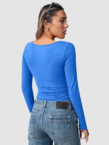 Trendy Queen Womens Long Sleeve Deep V-Neck Crop Tops Basic Y2K Going Out Tops Fall Outfits 2024 Fashion Clothes in Saudi Arabia