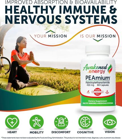 Palmitoylethanolamide 450mg Comfort Mobility Nerves Cognitive & Immune Support - Micronized High Absorption - All Natural PEA - USA Made - No Additives or Excipients - 30 Vegan Capsules Supplement in Saudi Arabia