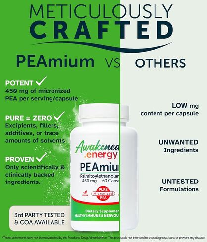 Palmitoylethanolamide 450mg Comfort Mobility Nerves Cognitive & Immune Support - Micronized High Absorption - All Natural PEA - USA Made - No Additives or Excipients - 30 Vegan Capsules Supplement in Saudi Arabia
