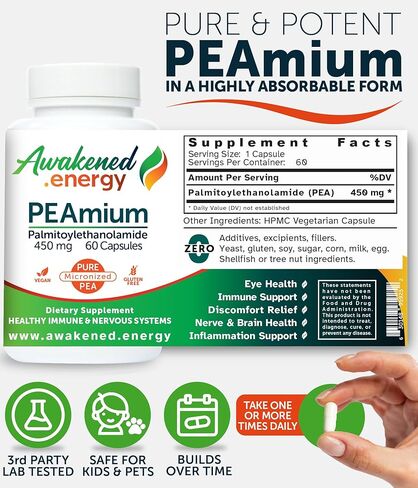 Palmitoylethanolamide 450mg Comfort Mobility Nerves Cognitive & Immune Support - Micronized High Absorption - All Natural PEA - USA Made - No Additives or Excipients - 30 Vegan Capsules Supplement in Saudi Arabia