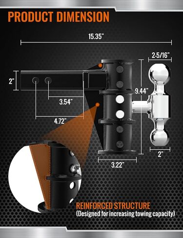 حامل كرة وصلة مقطورة قابل للتعديل، حامل كرة قطرة 6 بوصات (18500 رطل GTW) لجهاز استقبال 2 بوصة مع كرات سحب من الفولاذ المقاوم للصدأ مقاس 2 بوصة و2-5/16 بوصة وأقفال دبابيس مضادة للسرقة للشاحنات in Kuwait