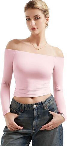 SUUKSESS Women Off Shoulder Double Lined Long Sleeve Shirts Basic Going Out Tops in Saudi Arabia