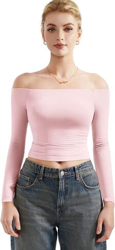 SUUKSESS Women Off Shoulder Double Lined Long Sleeve Shirts Basic Going Out Tops in Saudi Arabia