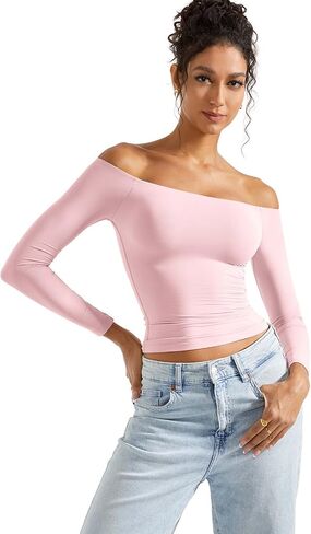 SUUKSESS Women Off Shoulder Double Lined Long Sleeve Shirts Basic Going Out Tops in Saudi Arabia