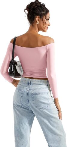 SUUKSESS Women Off Shoulder Double Lined Long Sleeve Shirts Basic Going Out Tops in Saudi Arabia