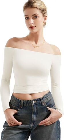 SUUKSESS Women Off Shoulder Double Lined Long Sleeve Shirts Basic Going Out Tops in Saudi Arabia