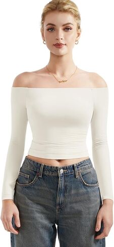 SUUKSESS Women Off Shoulder Double Lined Long Sleeve Shirts Basic Going Out Tops in Saudi Arabia