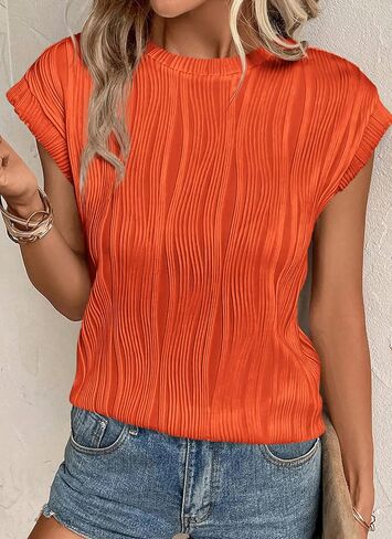 PRETTYGARDEN Women's Summer Going Out Tops Dressy Casual Crewneck Short Sleeve Textured Basic Cute Trendy T Shirts Tee Blouse in Saudi Arabia