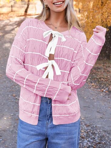 Saodimallsu Womens Striped Tie Front Cardigan Sweaters Crew Neck Long Sleeve Cable Knit Bow Knot Trendy Sweater Tops in Saudi Arabia