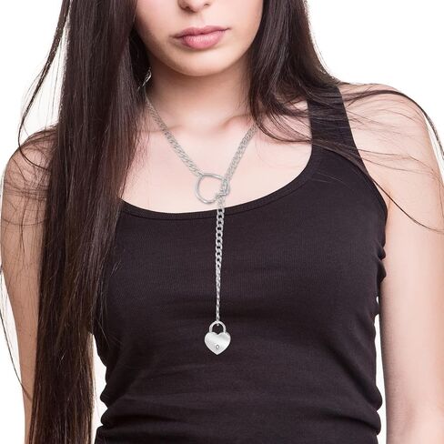 Heart Slip Chain Necklace for Women Men Punk Rock Cuban Long Necklace Heart O-Ring Stainless Steel Cuban Chain Y-shape Necklace Adjustable Lariat Y Necklace Prom Necklace Jewelry in Saudi Arabia