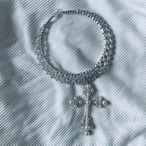 Dark Punk Gothic Lolita Necklace - Gemstone Beads with Crucifix Cross, Catholic Crystal Rosary, Unique Pearl Jewelry Gifts for Women Short 01 in Saudi Arabia