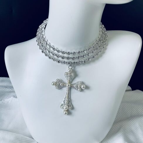 Dark Punk Gothic Lolita Necklace - Gemstone Beads with Crucifix Cross, Catholic Crystal Rosary, Unique Pearl Jewelry Gifts for Women Short 01 in Saudi Arabia
