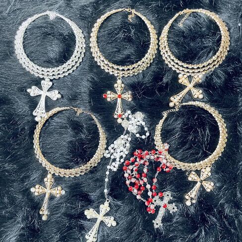 Dark Punk Gothic Lolita Necklace - Gemstone Beads with Crucifix Cross, Catholic Crystal Rosary, Unique Pearl Jewelry Gifts for Women Short 01 in Saudi Arabia