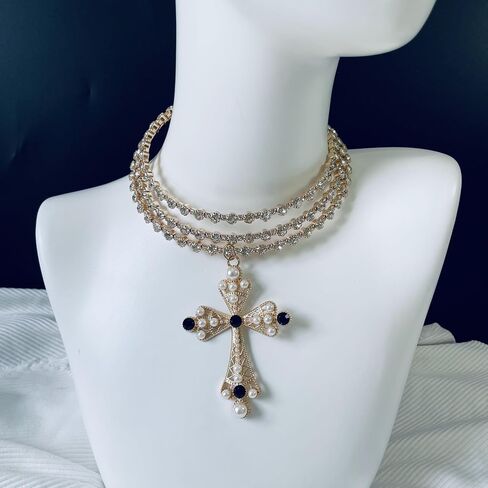 Dark Punk Gothic Lolita Necklace - Gemstone Beads with Crucifix Cross, Catholic Crystal Rosary, Unique Pearl Jewelry Gifts for Women Short 01 in Saudi Arabia