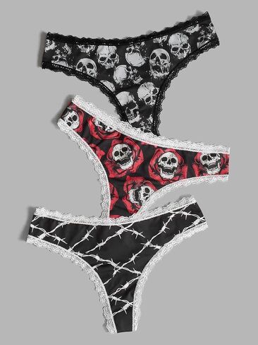 WDIRARA Women's 3 Pack Skull Graphic Print Lace Trim Underwear Panty Set in Saudi Arabia