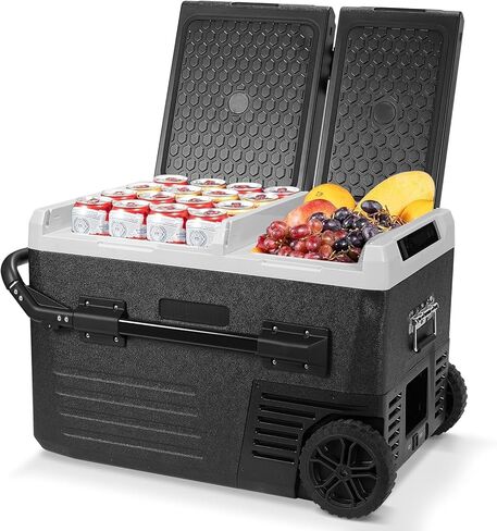 ثلاجة سيارة 12 فولت، فريزر محمول سعة 48 لترًا (45 لترًا)، ثلاجة مزدوجة المنطقة بمقبض وعجلات، مبرد كهربائي من 4 إلى 68 درجة فهرنهايت، 12/24 فولت تيار مستمر و100-240 فولت تيار متردد للأماكن الخارجية، والتخييم، والمركبات الترفيهية، والسفر، والشاحنات in Kuwait