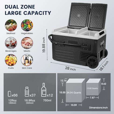 ثلاجة سيارة 12 فولت، فريزر محمول سعة 48 لترًا (45 لترًا)، ثلاجة مزدوجة المنطقة بمقبض وعجلات، مبرد كهربائي من 4 إلى 68 درجة فهرنهايت، 12/24 فولت تيار مستمر و100-240 فولت تيار متردد للأماكن الخارجية، والتخييم، والمركبات الترفيهية، والسفر، والشاحنات in Kuwait