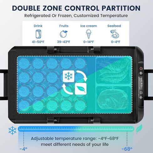 ثلاجة سيارة 12 فولت، فريزر محمول سعة 48 لترًا (45 لترًا)، ثلاجة مزدوجة المنطقة بمقبض وعجلات، مبرد كهربائي من 4 إلى 68 درجة فهرنهايت، 12/24 فولت تيار مستمر و100-240 فولت تيار متردد للأماكن الخارجية، والتخييم، والمركبات الترفيهية، والسفر، والشاحنات in Kuwait