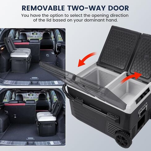 ثلاجة سيارة 12 فولت، فريزر محمول سعة 48 لترًا (45 لترًا)، ثلاجة مزدوجة المنطقة بمقبض وعجلات، مبرد كهربائي من 4 إلى 68 درجة فهرنهايت، 12/24 فولت تيار مستمر و100-240 فولت تيار متردد للأماكن الخارجية، والتخييم، والمركبات الترفيهية، والسفر، والشاحنات in Kuwait