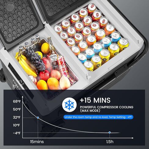 ثلاجة سيارة 12 فولت، فريزر محمول سعة 48 لترًا (45 لترًا)، ثلاجة مزدوجة المنطقة بمقبض وعجلات، مبرد كهربائي من 4 إلى 68 درجة فهرنهايت، 12/24 فولت تيار مستمر و100-240 فولت تيار متردد للأماكن الخارجية، والتخييم، والمركبات الترفيهية، والسفر، والشاحنات in Kuwait