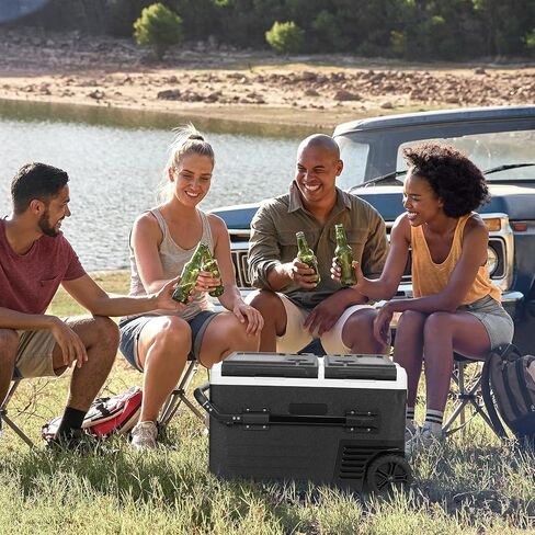 ثلاجة سيارة 12 فولت، فريزر محمول سعة 48 لترًا (45 لترًا)، ثلاجة مزدوجة المنطقة بمقبض وعجلات، مبرد كهربائي من 4 إلى 68 درجة فهرنهايت، 12/24 فولت تيار مستمر و100-240 فولت تيار متردد للأماكن الخارجية، والتخييم، والمركبات الترفيهية، والسفر، والشاحنات in Kuwait