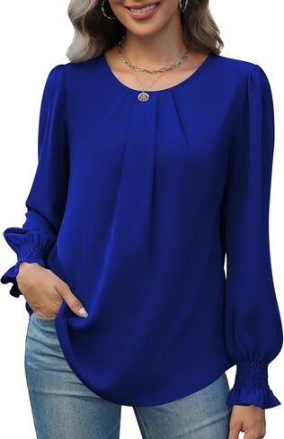 Funlingo Womens Tops Dressy Casual Smocked Long Sleeve Shirts Crew Neck Loose Chiffon Tunics Office Work Blouses in Saudi Arabia