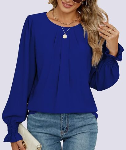 Funlingo Womens Tops Dressy Casual Smocked Long Sleeve Shirts Crew Neck Loose Chiffon Tunics Office Work Blouses in Saudi Arabia