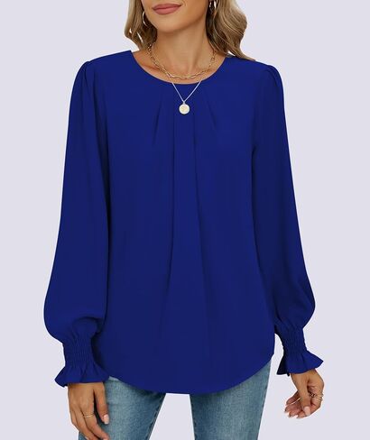 Funlingo Womens Tops Dressy Casual Smocked Long Sleeve Shirts Crew Neck Loose Chiffon Tunics Office Work Blouses in Saudi Arabia