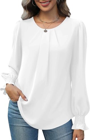 Funlingo Womens Tops Dressy Casual Smocked Long Sleeve Shirts Crew Neck Loose Chiffon Tunics Office Work Blouses in Saudi Arabia
