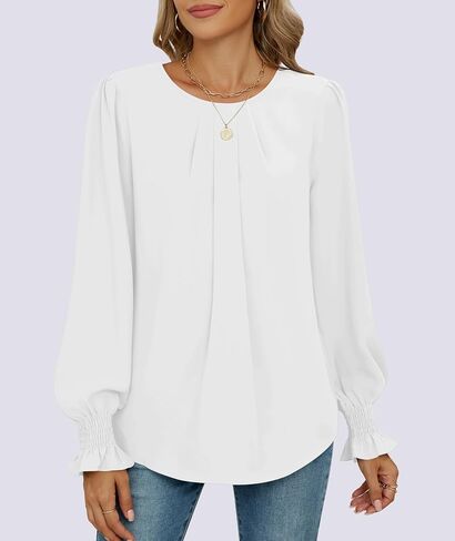Funlingo Womens Tops Dressy Casual Smocked Long Sleeve Shirts Crew Neck Loose Chiffon Tunics Office Work Blouses in Saudi Arabia