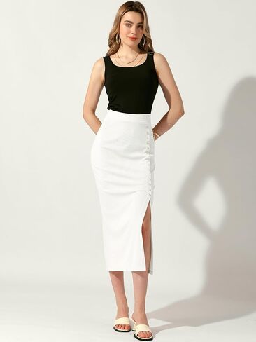 Allegra K تنورة نسائية طويلة ضيقة بأزرار عمل غير رسمية ديكور مضلع متماسكة أساسية Bodycon ميدي التنانير Skorts in Saudi Arabia
