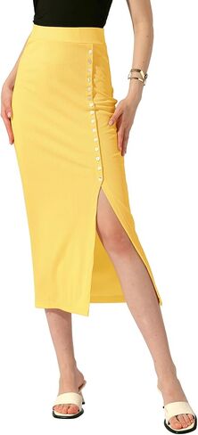 Allegra K تنورة نسائية طويلة ضيقة بأزرار عمل غير رسمية ديكور مضلع متماسكة أساسية Bodycon ميدي التنانير Skorts in Saudi Arabia